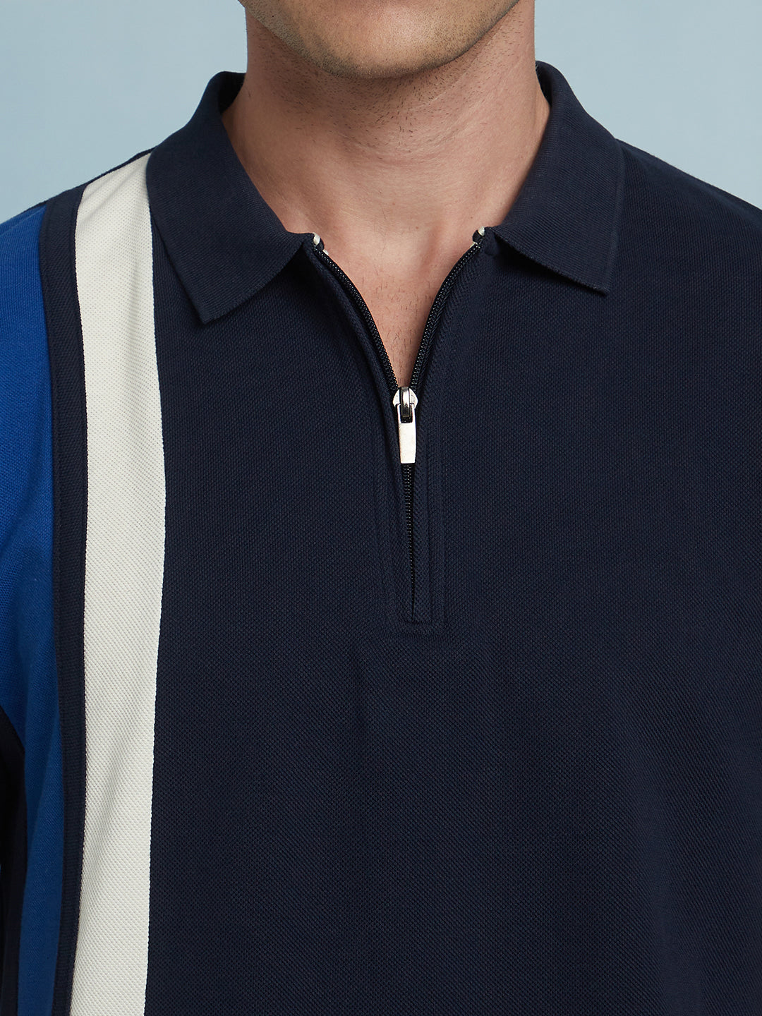 Men's Navy Striped Polo Collar Half Sleeves T-shirt