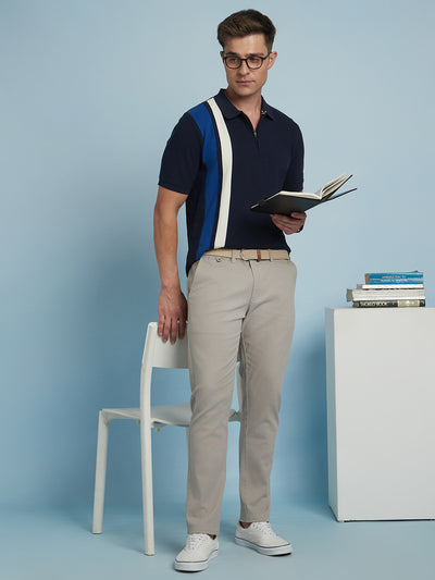 Men's Navy Striped Polo Collar Half Sleeves T-shirt