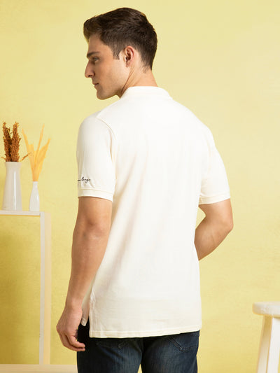 Men's Off-white Striped Polo Collar Half Sleeves T-shirt