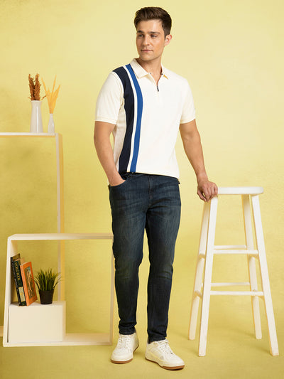 Men's Off-white Striped Polo Collar Half Sleeves T-shirt