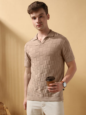 Men's Beige Solid Textured Spread Collar Half Sleeves Flat Knit T-shirt