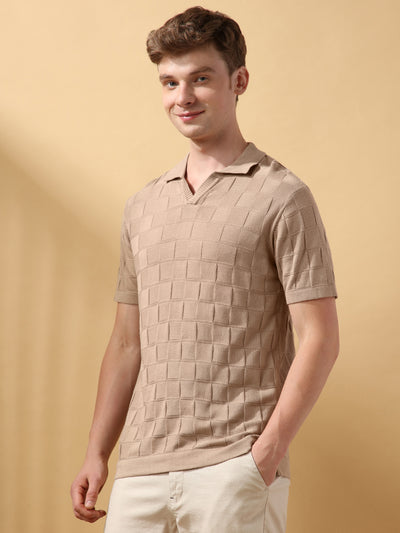 Men's Beige Solid Textured Spread Collar Half Sleeves Flat Knit T-shirt