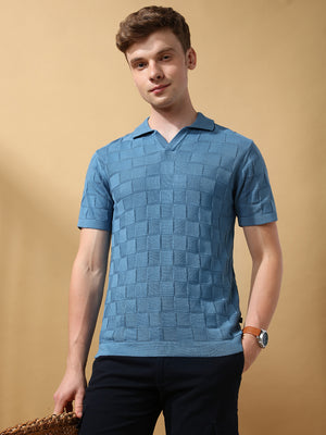Men's Blue Solid Textured Spread Collar Half Sleeves Flat Knit T-shirt