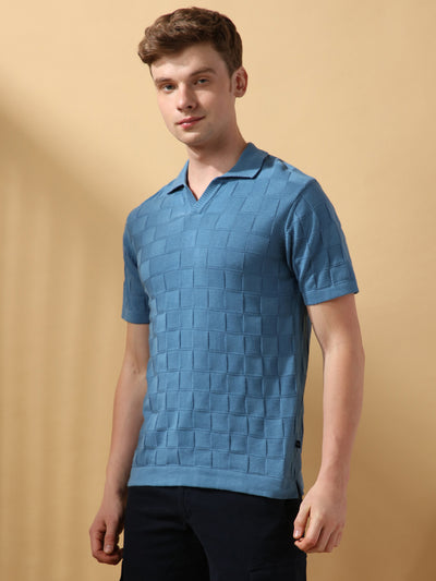 Men's Blue Solid Textured Spread Collar Half Sleeves Flat Knit T-shirt