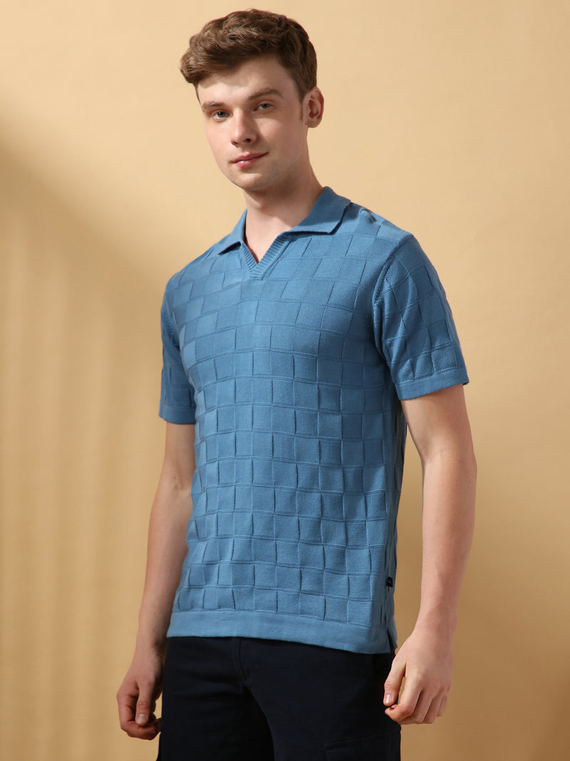 Men's Blue Solid Textured Spread Collar Half Sleeves Flat Knit T-shirt