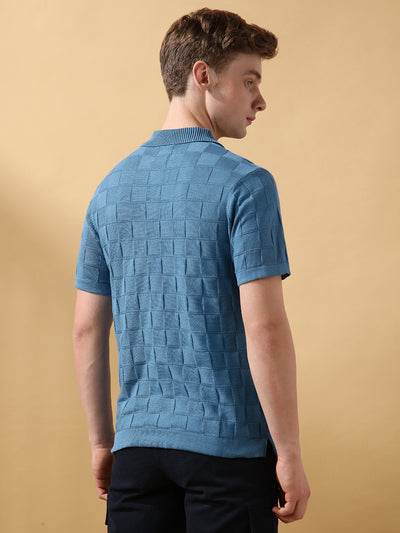 Men's Blue Solid Textured Spread Collar Half Sleeves Flat Knit T-shirt
