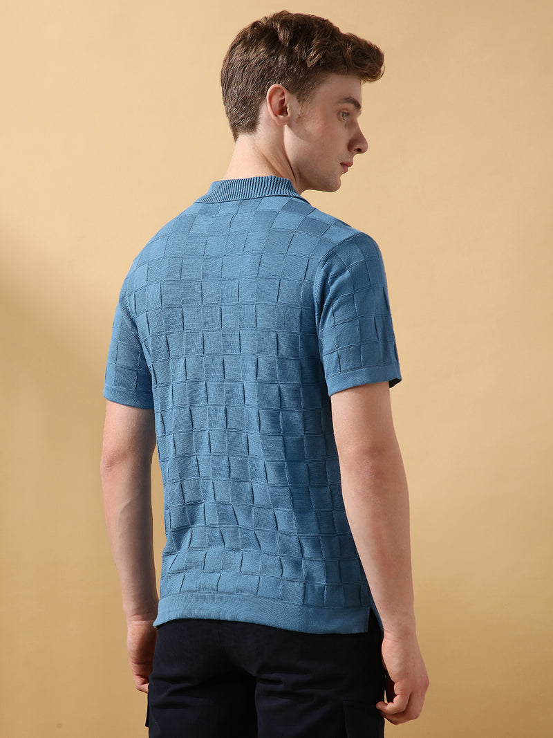 Men's Blue Solid Textured Spread Collar Half Sleeves Flat Knit T-shirt