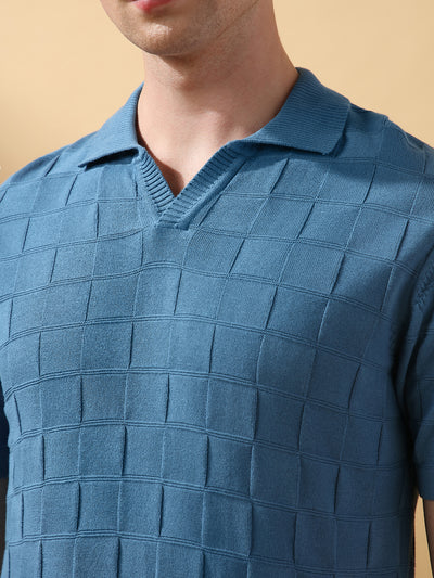 Men's Blue Solid Textured Spread Collar Half Sleeves Flat Knit T-shirt
