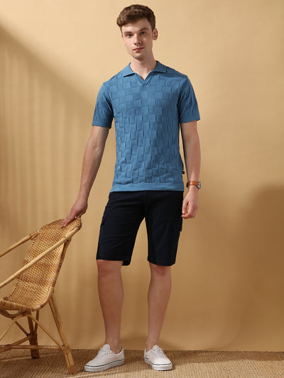 Men's Blue Solid Textured Spread Collar Half Sleeves Flat Knit T-shirt