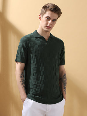 Men's Green Solid Textured Spread Collar Half Sleeves Flat Knit T-shirt