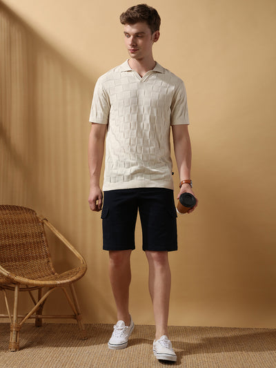 Men's Offwhite Solid Textured Spread Collar Half Sleeves Flat Knit T-shirt