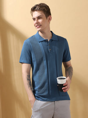 Men's Blue Solid Textured Spread Collar Half Sleeves Flat Knit T-shirt