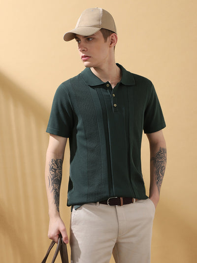 Men's Green Solid Textured Spread Collar Half Sleeves Flat Knit T-shirt