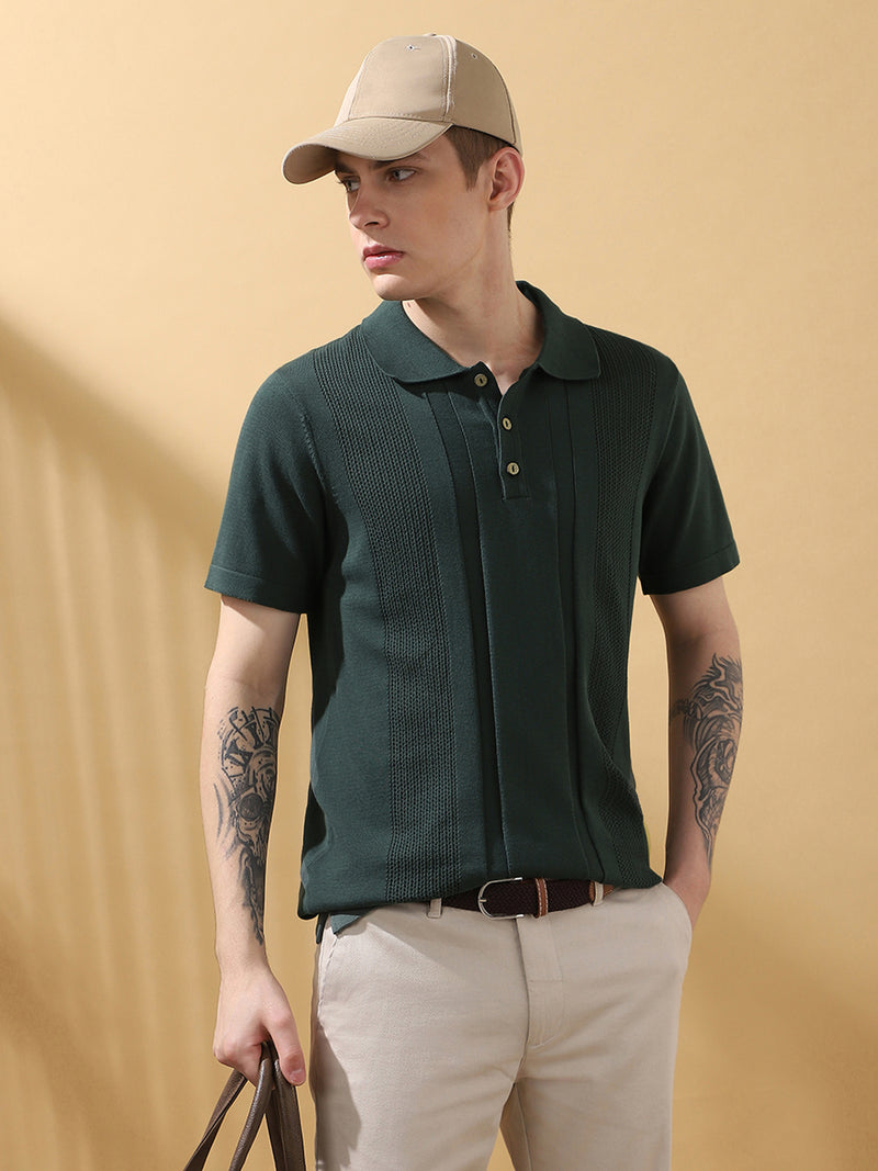 Men's Green Solid Textured Spread Collar Half Sleeves Flat Knit T-shirt