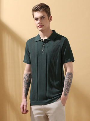 Men's Green Solid Textured Spread Collar Half Sleeves Flat Knit T-shirt