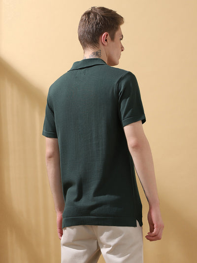 Men's Green Solid Textured Spread Collar Half Sleeves Flat Knit T-shirt