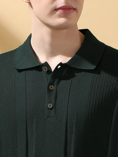 Men's Green Solid Textured Spread Collar Half Sleeves Flat Knit T-shirt