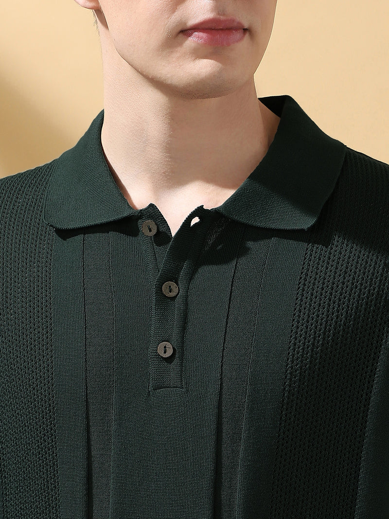 Men's Green Solid Textured Spread Collar Half Sleeves Flat Knit T-shirt