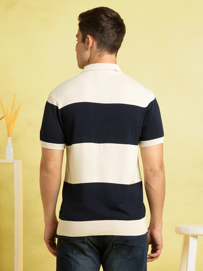 Men's Beige Striped Polo Collar Half Sleeves Flat Knit T-shirt