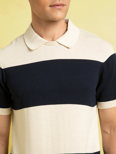Men's Beige Striped Polo Collar Half Sleeves Flat Knit T-shirt