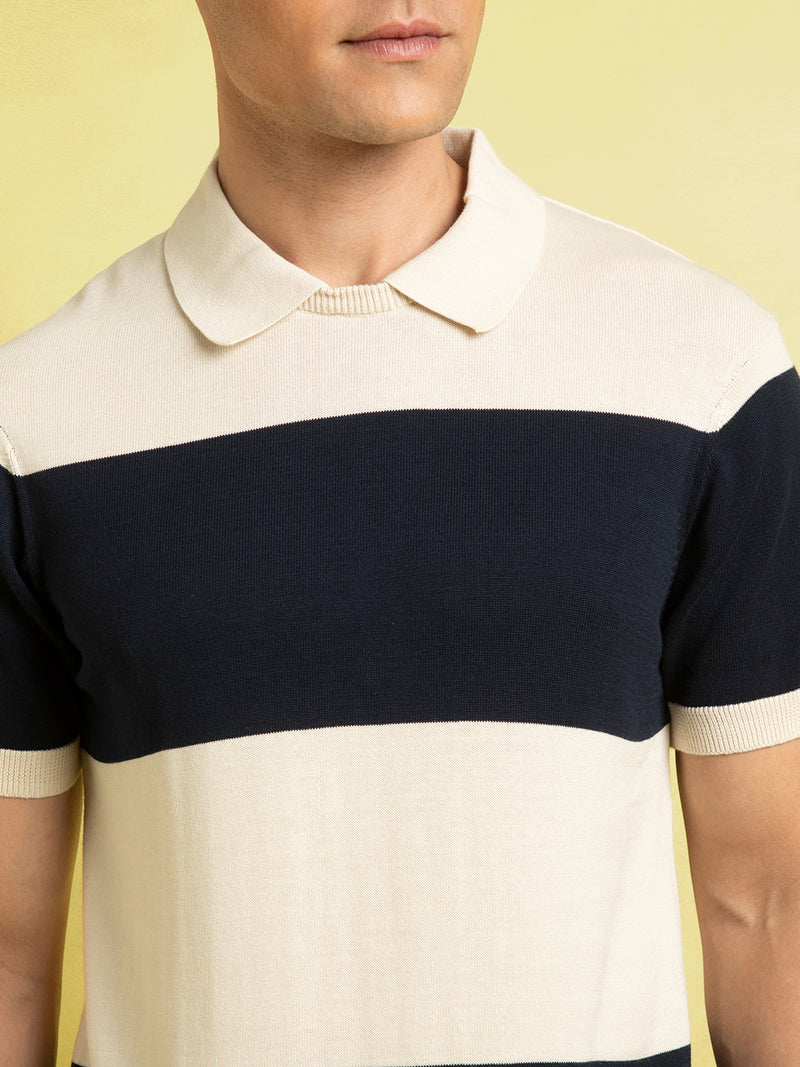 Men's Beige Striped Polo Collar Half Sleeves Flat Knit T-shirt