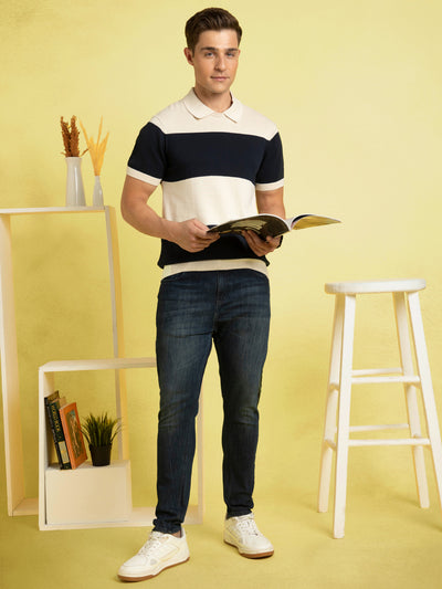 Men's Beige Striped Polo Collar Half Sleeves Flat Knit T-shirt