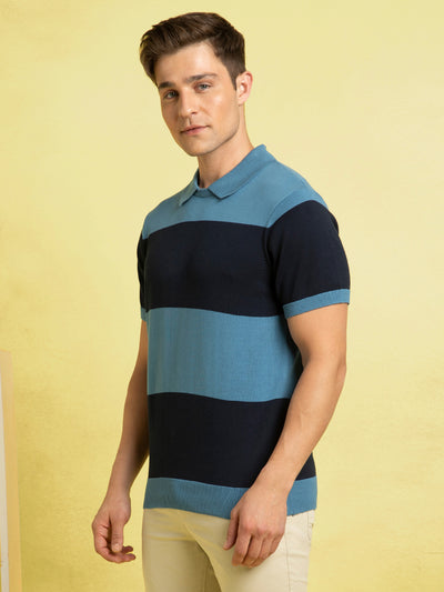 Men's Blue Striped Polo Collar Half Sleeves Flat Knit T-shirt