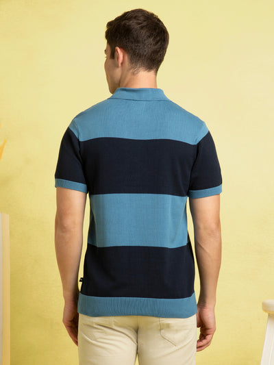 Men's Blue Striped Polo Collar Half Sleeves Flat Knit T-shirt