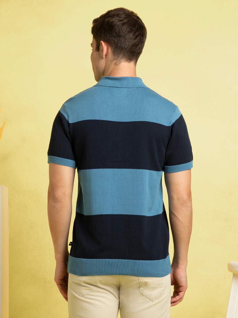 Men's Blue Striped Polo Collar Half Sleeves Flat Knit T-shirt