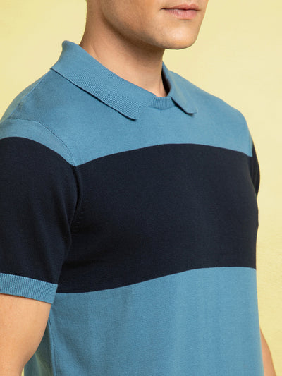 Men's Blue Striped Polo Collar Half Sleeves Flat Knit T-shirt