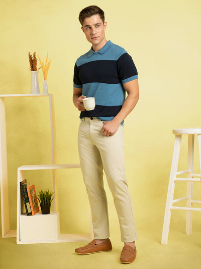 Men's Blue Striped Polo Collar Half Sleeves Flat Knit T-shirt