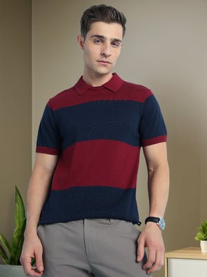 Men's Maroon Striped Polo Collar Half Sleeves Flat Knit T-shirt