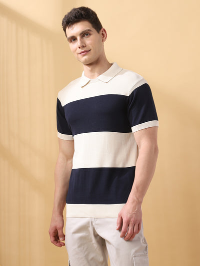 Men's Navy Striped Polo Collar Half Sleeves Flat Knit T-shirt