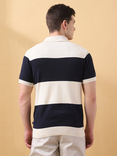 Men's Navy Striped Polo Collar Half Sleeves Flat Knit T-shirt