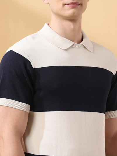 Men's Navy Striped Polo Collar Half Sleeves Flat Knit T-shirt