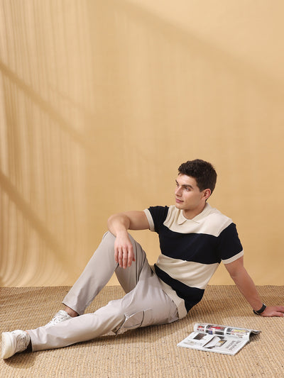 Men's Navy Striped Polo Collar Half Sleeves Flat Knit T-shirt