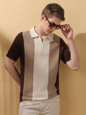 Men's Brown Colorblocked Spread Collar Half Sleeves Flat Knit T-shirt