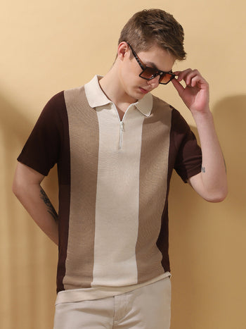 Men's Brown Colorblocked Spread Collar Half Sleeves Flat Knit T-shirt