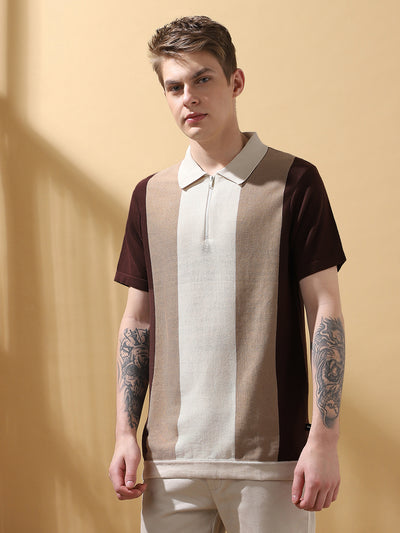 Men's Brown Colorblocked Spread Collar Half Sleeves Flat Knit T-shirt