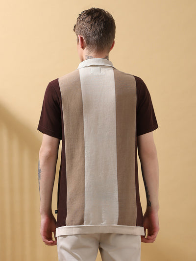 Men's Brown Colorblocked Spread Collar Half Sleeves Flat Knit T-shirt