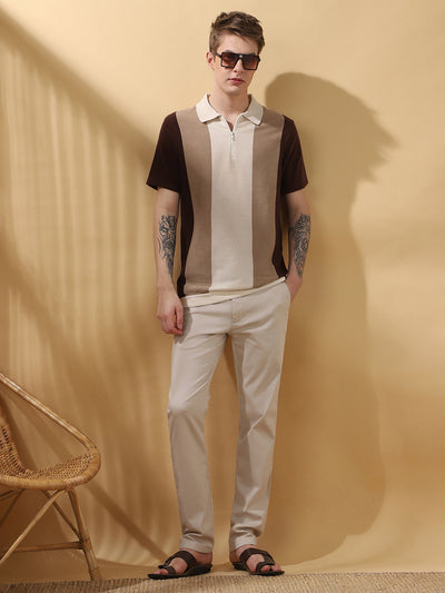 Men's Brown Colorblocked Spread Collar Half Sleeves Flat Knit T-shirt