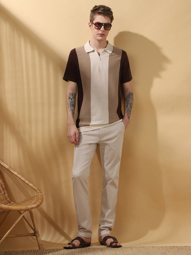 Men's Brown Colorblocked Spread Collar Half Sleeves Flat Knit T-shirt