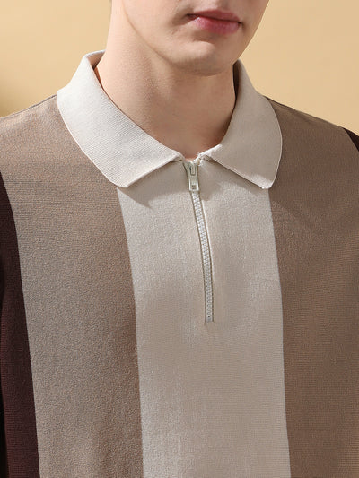 Men's Brown Colorblocked Spread Collar Half Sleeves Flat Knit T-shirt