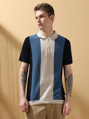 Men's Navy blue Colorblocked Spread Collar Half Sleeves Flat Knit T-shirt