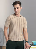 Men's Beige Striped Polo Collar Half Sleeves Flat Knit T-shirt