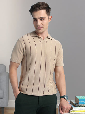 Men's Beige Striped Polo Collar Half Sleeves Flat Knit T-shirt