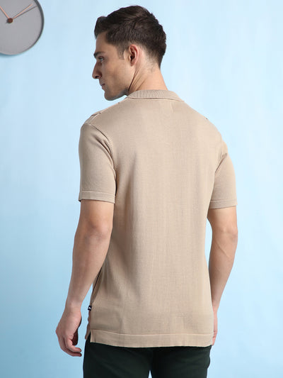 Men's Beige Striped Polo Collar Half Sleeves Flat Knit T-shirt
