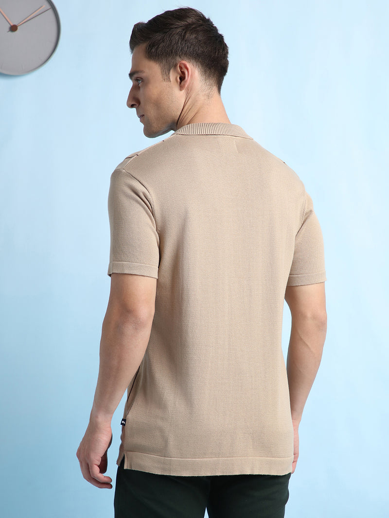 Men's Beige Striped Polo Collar Half Sleeves Flat Knit T-shirt