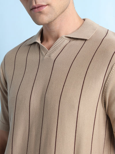 Men's Beige Striped Polo Collar Half Sleeves Flat Knit T-shirt