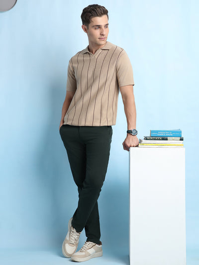 Men's Beige Striped Polo Collar Half Sleeves Flat Knit T-shirt